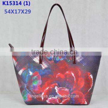 2015 new fashion printing pu leather ladies tote bag