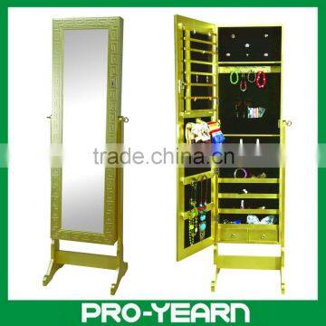 Floor Standing Wooden Furniture Chinese Mirrored Jewelry Cabinet with Carved Door Surface