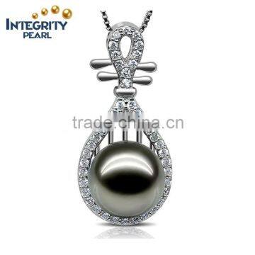 Beautiful Chinese Lute shape Tahiti AAAA Top Qualtity Round Black 10-11mm 925 silver Sea Pearl Pendant