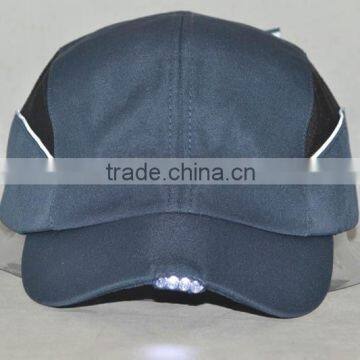 Guangzhou hat factory professional custom 6 panel 100% polyester brim leds dark blue outdoor sports cap