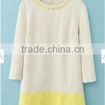 Beige Color Block Rhinestone Three Quarter Length Sleeve Dress