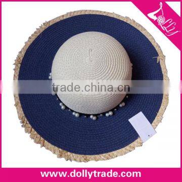 Wide Brim Blue Color Pearl Decoration Summer Beach Hat Sun Straw Hat