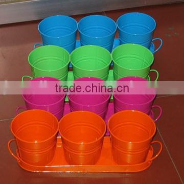 Multi-color Set of 4 Round bukcet with rectangle tray/Circular Metal Flower Pot/Flower Planter at Factory Price