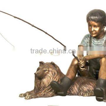 Bronze Boys Fishing Statue Sitting on a Lion Sculpture in Garden photo-2