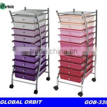 Colorful mobile 10 tier drawers plastic cart with drawers, storage trolley