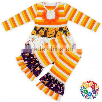 Newest Orange Yellow White Stripe Halloween Children Clothes Set Boutique Cotton Outfit kids clothing set wholesale price