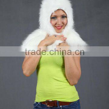 WHITE HOODED FAUX FUR SHAWL WRAPS CAPPA