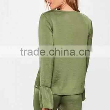 MGOO High Quality Custom Khaki Satin Jackets Crepe Satin Flare Sleeves Custom Cardigan Casual Wear photo-5