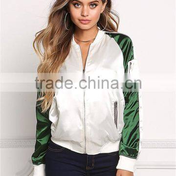 MGOO 2017 Hot Sale Custom Satin Bomber Jackets Zip Up Silver Fashion Tops Raglan Long Sleeves Tops photo-2