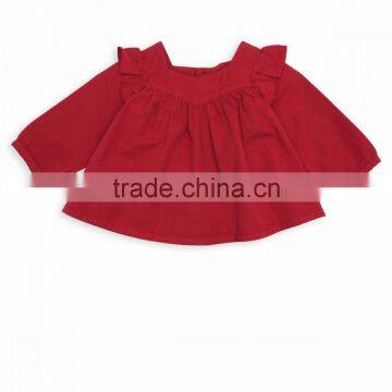Cute Wing Style Square Neck Long Sleeve Baby Clothes\100% Cotton Solid Baby Girls Blouses\Poplin Gathering Yoke Tops Back Button