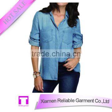 Hot Fashion Denim Blouse With Double Pocket Denim Suits/ladies blouse designs 2013