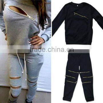 New Arrive Womens Sexy Zipper Tracksuit Hoodie Sweatshirt+Pants Casual Hip Pop Sportwear photo-2