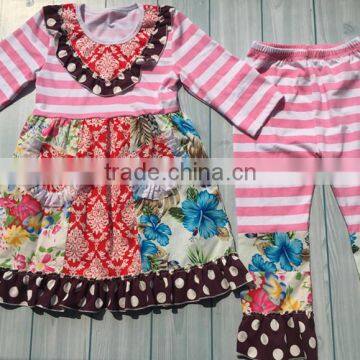 Pink stripe long sleeves damask floral pockets girls dress sets