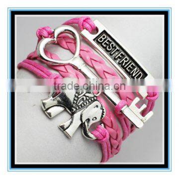 2015 new arrival hot sale best friend hot pink leather bracelet elephant charm leather bracelet leather friendship bracelet