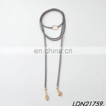 Layered Gray Knot Suede Wrap Necklace Gold Circle Pendant Bohemian Choker Necklace Jewelry photo-4