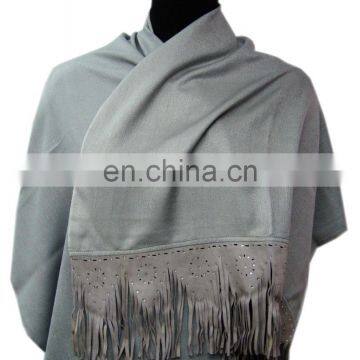 Silk Pashmina With Leather Sued Trim Shawls photo-6