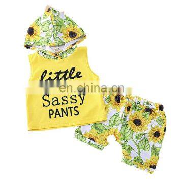 2019 summer kids cotton sunflower print hoodies top tshirt & baby animal pp shorts shorts 2pc set