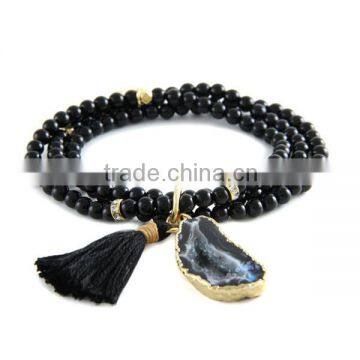 2016 new Fashion black agate mala beaded wrap bracelet with tassel druzy charm bracelet