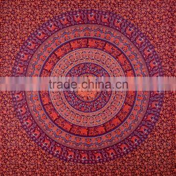 Indian Tapestry Cotton Mandala Animals Print Maroon Vintage Wall Hanging Tapestries Throw Bedsheet