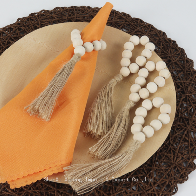 New Arrival Handmade Wood Beads Woven Natural Hemp Rope Tassel Napkin Rings photo-2