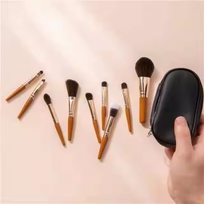 Portable 9-Piece Mini Makeup Brush Set with Zip Leather Bag Soft Hair Flat Eye Brushes Travel Cosmetic Brushes