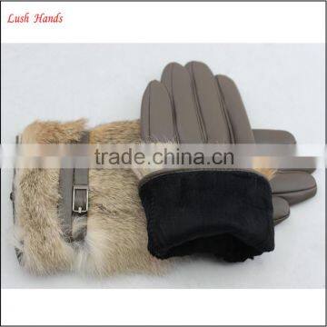 Women's Grey Wholesale Sheepskin Dresses Leather Gloves With Brown Rabbit Fur photo-2