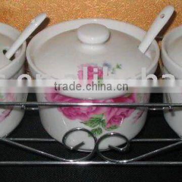 Factory directly sell 3pcs ceramic cruet set salt sugar bowl with stainless stand