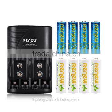 2016 HOT!!! RENEW S2 4Bay Quick Smart AA AAA Battery Charger with 4pcs 2950mAh & 4pcs 2800mAh AA Ni-MH Rechargeable Batteries