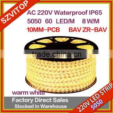 VT 220V LED STRIP SMD 5050 60LED/M warm white IP68 14-16lm 10MM CE ROHS WATERPROOF OUTDOOR