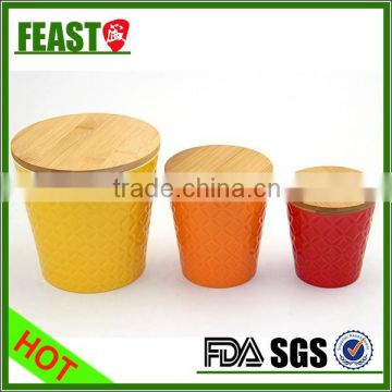 2015 Hot selling colorful 3 set ceramic spice container with sealed bamboo lid