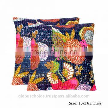 Indian Ethnic Quilt Kantha Floral Handmade Cushion Cover