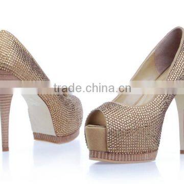 2013 women gold crystal heels gold colour China Guangzhou famous women shoes large size shoes bling