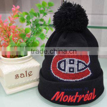 New wholesale custom beanie your own embroidery logo cross stitch 100% acrylic pom pom beanie hat/knitted beanie in winter hat