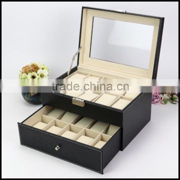 Spot wholesale PU leather transparent skylight double layer drawer 20 watches show sales of storage boes custom