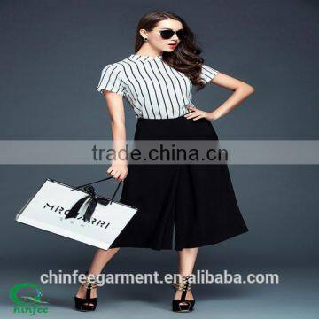 2015 Women Fashion Wide Leg Pants With Short Sleeves Stripes Shirts