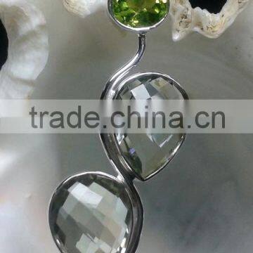 925 Sterling Silver Pendants, Designer Multiple Gemstone Pendant, Green Amethyst Fashionable Sterling Silver Pendant