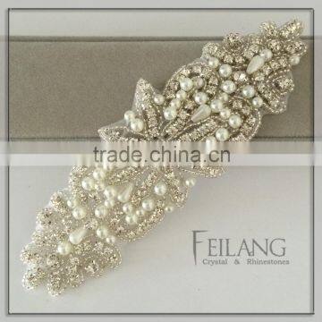 Bridal ribbon with crystal and rhinestone beaded applique headbands