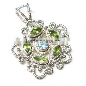 925 Sterling Silver Green Peridot & Blue Topaz Gem Stone Pendant