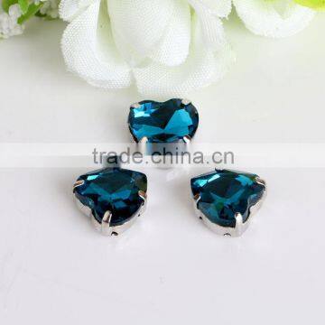 Best selling 14mm blue zircon color heart shape pointback sew on stone with base setting