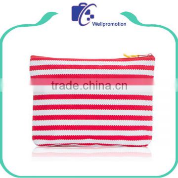 Wholesale red stripes canvas zipper pouch cosmetic bag for girls