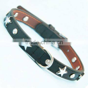 Good quality black pet leather collar with five-pointed shining star and crystal