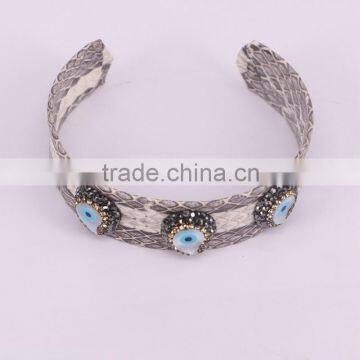 White Snakeskin Bangle With Pave Crystal Evil Eye Shell Bead Leather Width 20mm Cuff Bangles photo-2