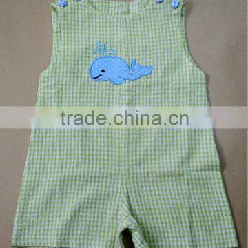 Whale Design Applique Embroidery,green Seesucker Baby Girl Bubble Romper,creeper, Ruffles With Ric Rac photo-3