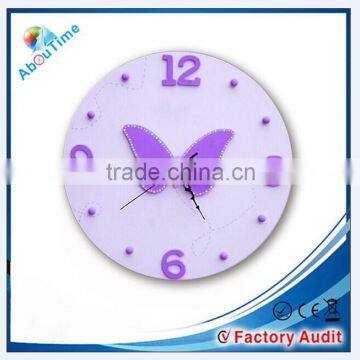 2014 new quartz analog style Tempered Glass material wall clock with Butterfly