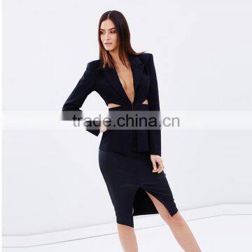 HAODUOYI Women Autumn Fashion Black Coat Women Long Sleeve Hollow Out Blazer Coat photo-2