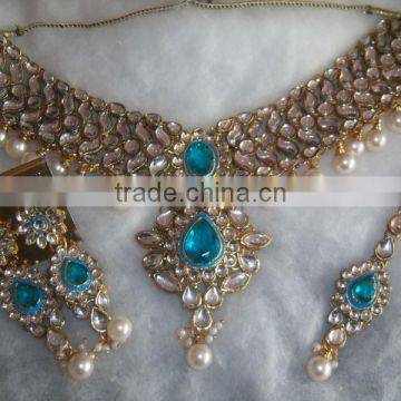 pearl choker blue stone necklace EARRING set