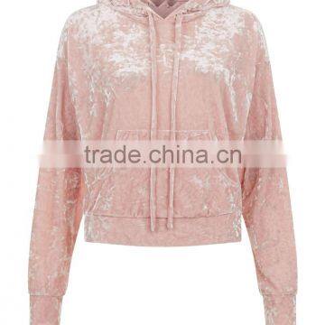 MGOO Women Plain Shell Pink Velvet Cropped Hoodie With Drawstrings Front Pocket Fitness Pullover