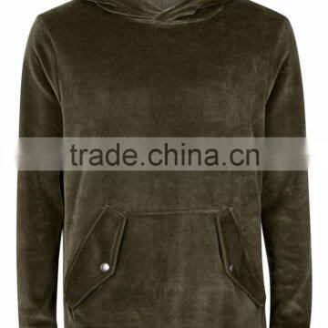 MGOO Plain Basic Velour Classic Fit Hoodie Front Pocket Olive Green Velvet Pullover Men photo-4