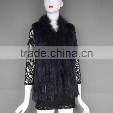 Natural knitted rabbit fur gilet vest with racoon fur trimming