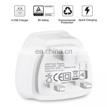 Factory stock Universal Wall Charger, BS Certificate Travel Charger with UK plug 4 USB ports Max 3.1A